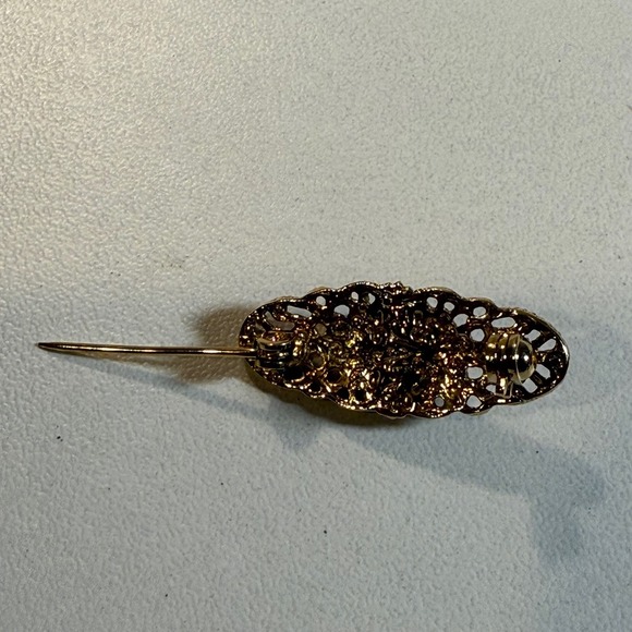 Vintage Gold Tone Filigree Brooch with Porcelain Pink Rose Flower Pin - Picture 2 of 3